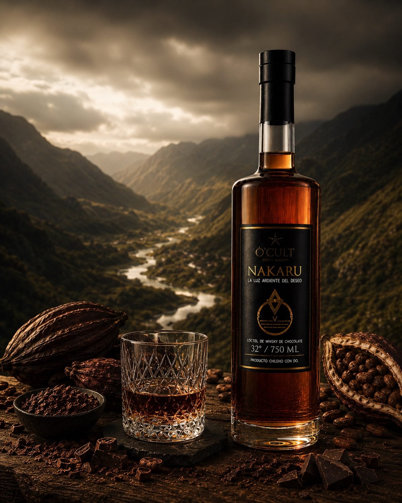Botella de NAKARU sobre madera, con el valle y la cordillera al fondo, rodeada de mazorcas de cacao y un vaso servido