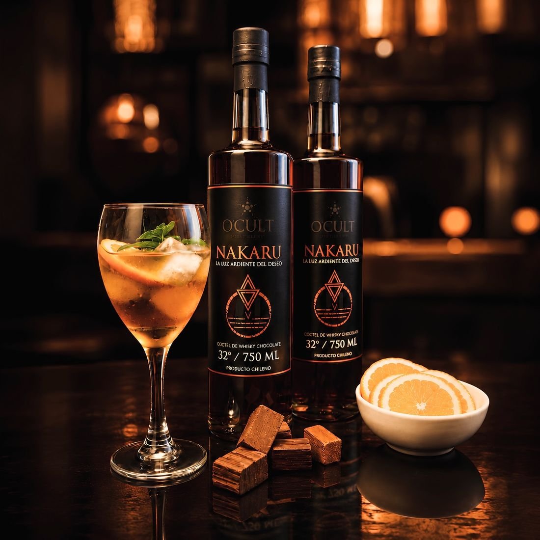 Dos botellas de NAKARU junto a una copa servida con hielo, naranja y chocolate